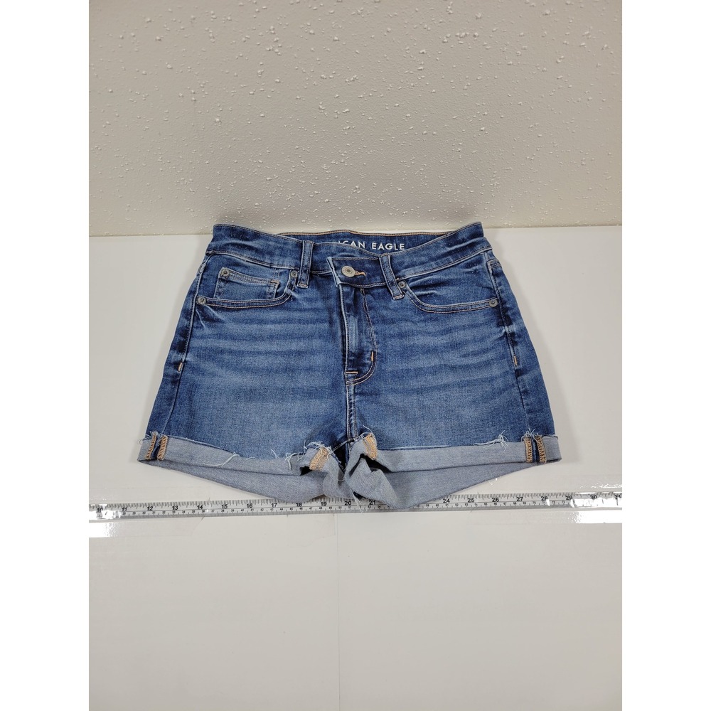 American Eagle High-Rise Shortie Women 2 Blue Excellent Denim Stretch Shorts - Picture 1 of 9
